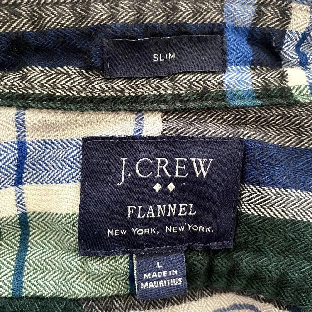 J. Crew Mens Sz L Button Front Shirt Cotton Slim Fit Long Sleeve Plaid Flannel